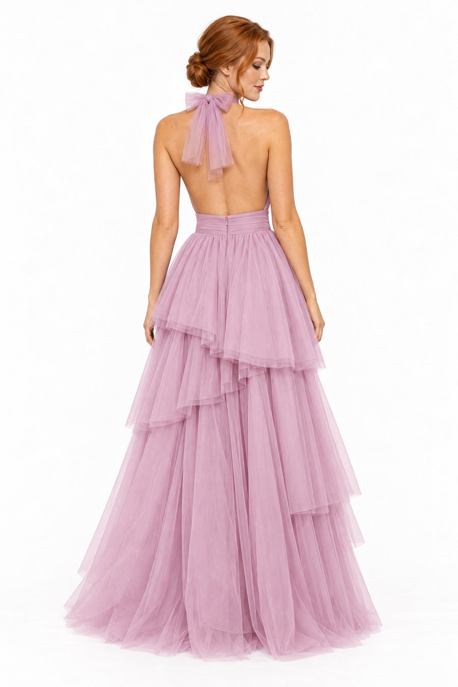 Pink Shop by MAF Vestido largo de tul halter con capas escalonadas mauve, espalda