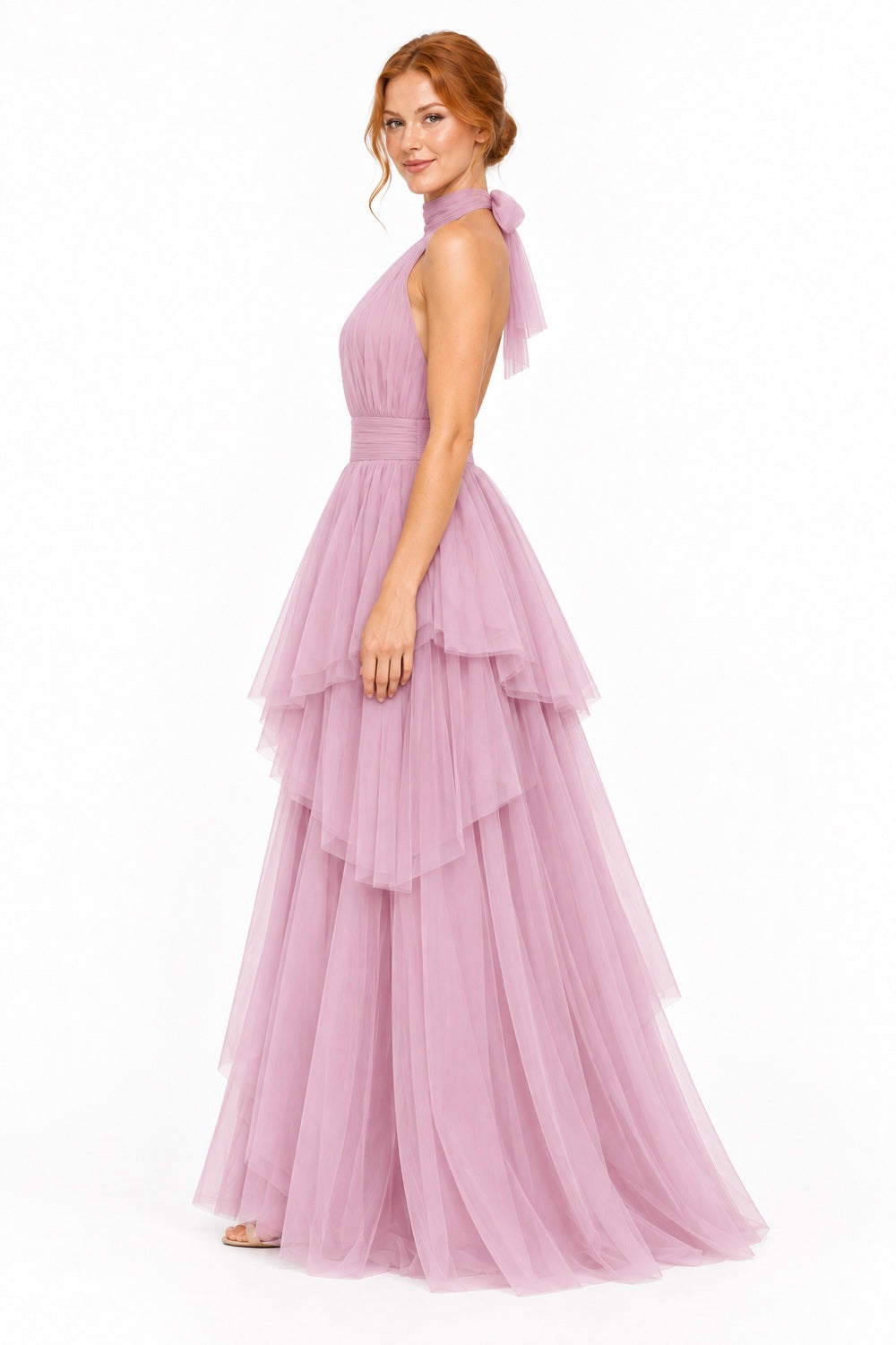 Pink Shop by MAF Vestido largo de tul halter con capas escalonadas mauve, lateral