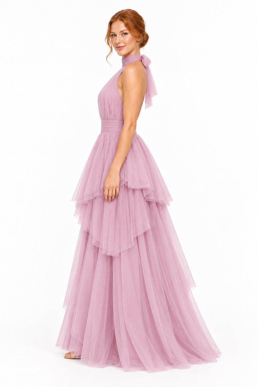 Pink Shop by MAF Vestido largo de tul halter con capas escalonadas mauve, lateral