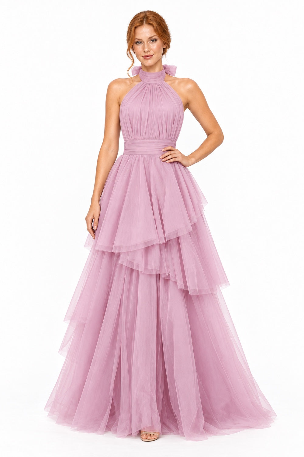 Pink Shop by MAF Vestido largo de tul halter con capas escalonadas mauve, editorial