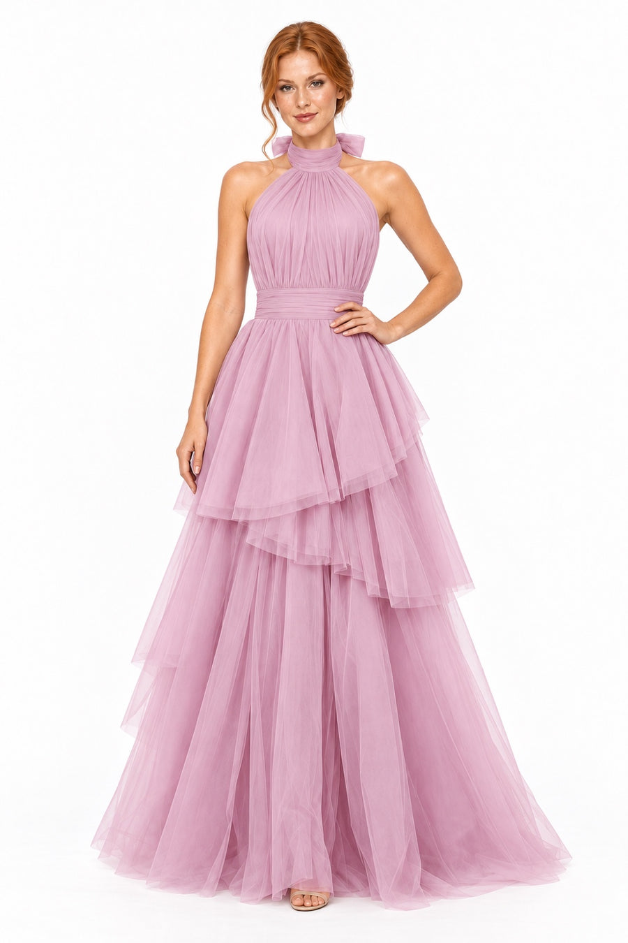 Pink Shop by MAF Vestido largo de tul halter con capas escalonadas mauve, editorial