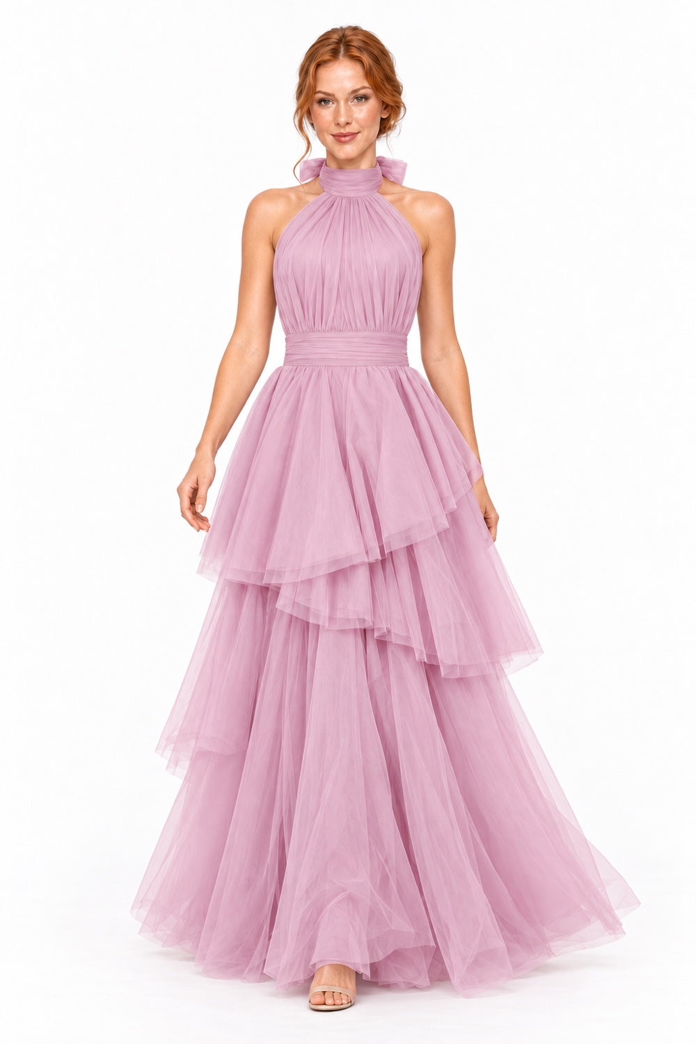 Pink Shop by MAF Vestido largo de tul halter con capas escalonadas mauve, movimiento