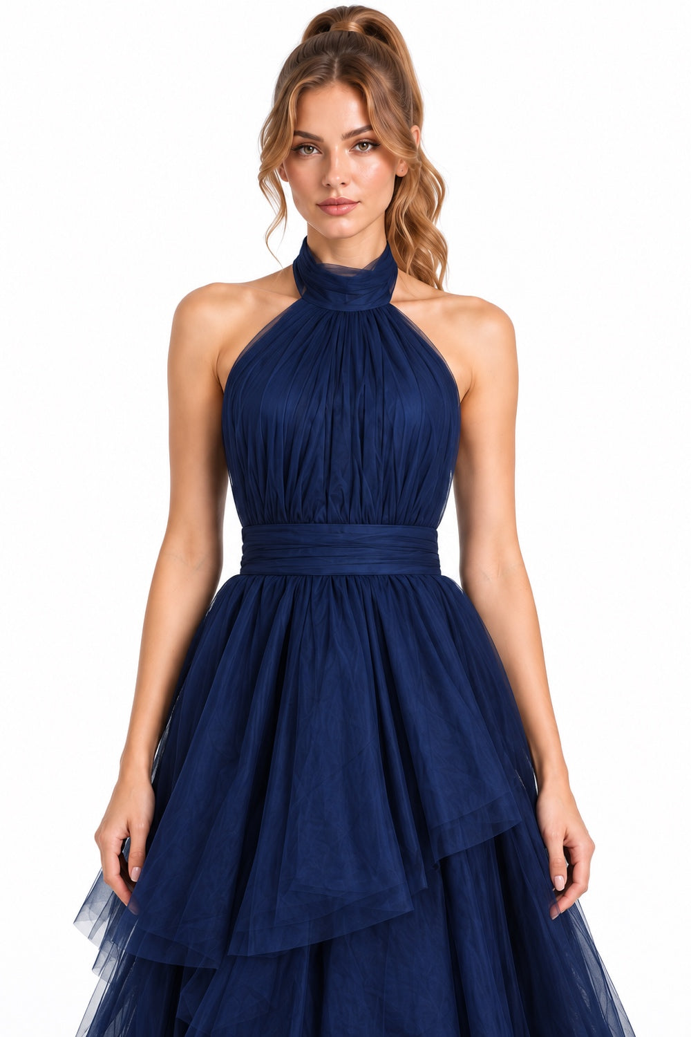Pink Shop by MAF Vestido largo de tul halter con capas escalonadas azul marino, detalle