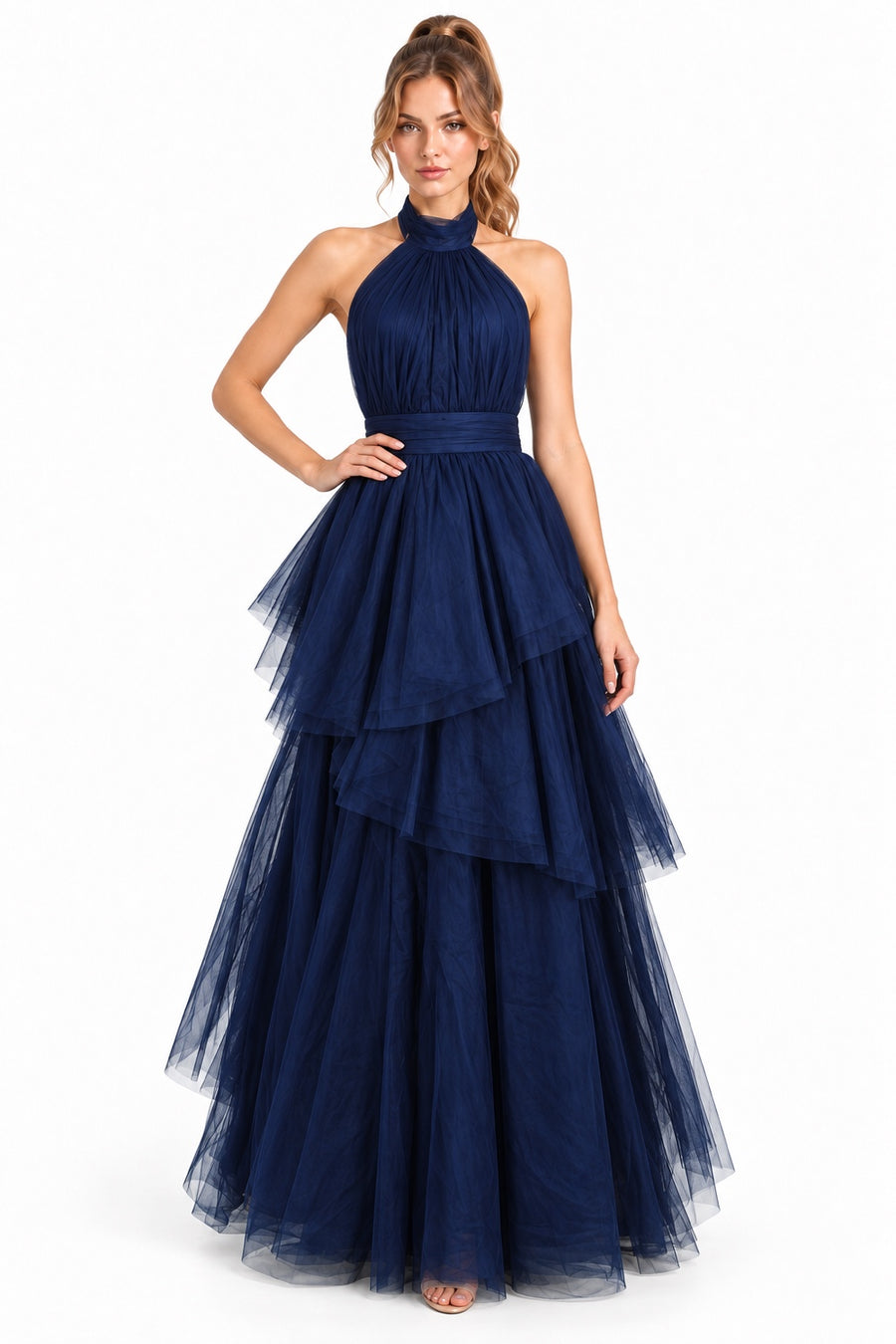 Pink Shop by MAF Vestido largo de tul halter con capas escalonadas azul marino, editorial