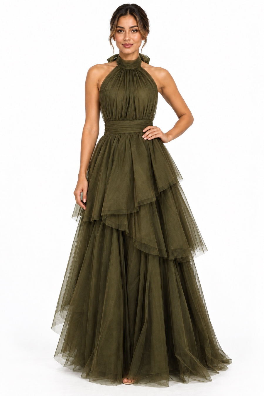 Pink Shop by MAF Vestido largo de tul halter con capas escalonadas olivo, editorial