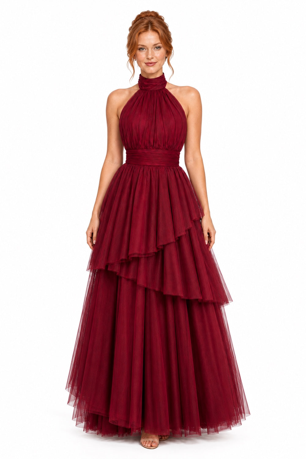 Pink Shop by MAF Vestido largo de tul halter con capas escalonadas vino tinto, portada