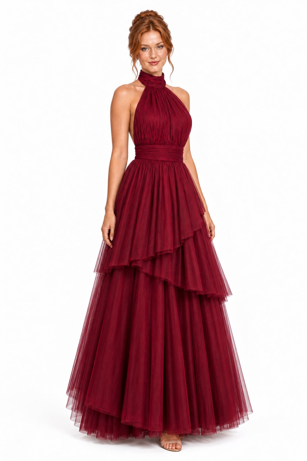 Pink Shop by MAF Vestido largo de tul halter con capas escalonadas vino tinto, tres cuartos