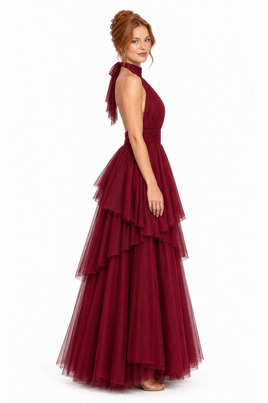 Pink Shop by MAF Vestido largo de tul halter con capas escalonadas vino tinto, lateral
