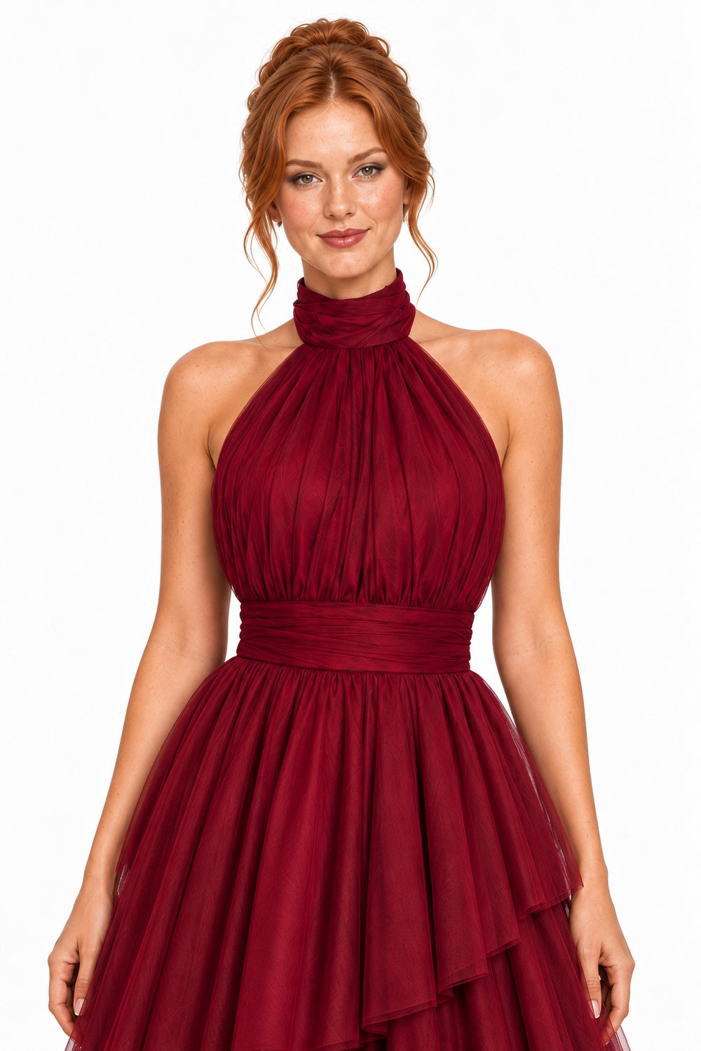 Pink Shop by MAF Vestido largo de tul halter con capas escalonadas vino tinto, detalle