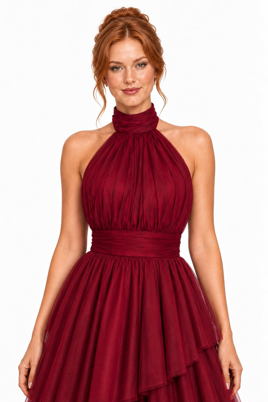 Pink Shop by MAF Vestido largo de tul halter con capas escalonadas vino tinto, detalle