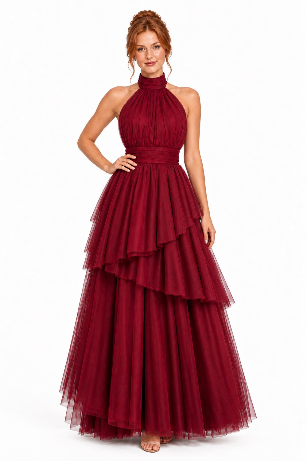 Pink Shop by MAF Vestido largo de tul halter con capas escalonadas vino tinto, editorial