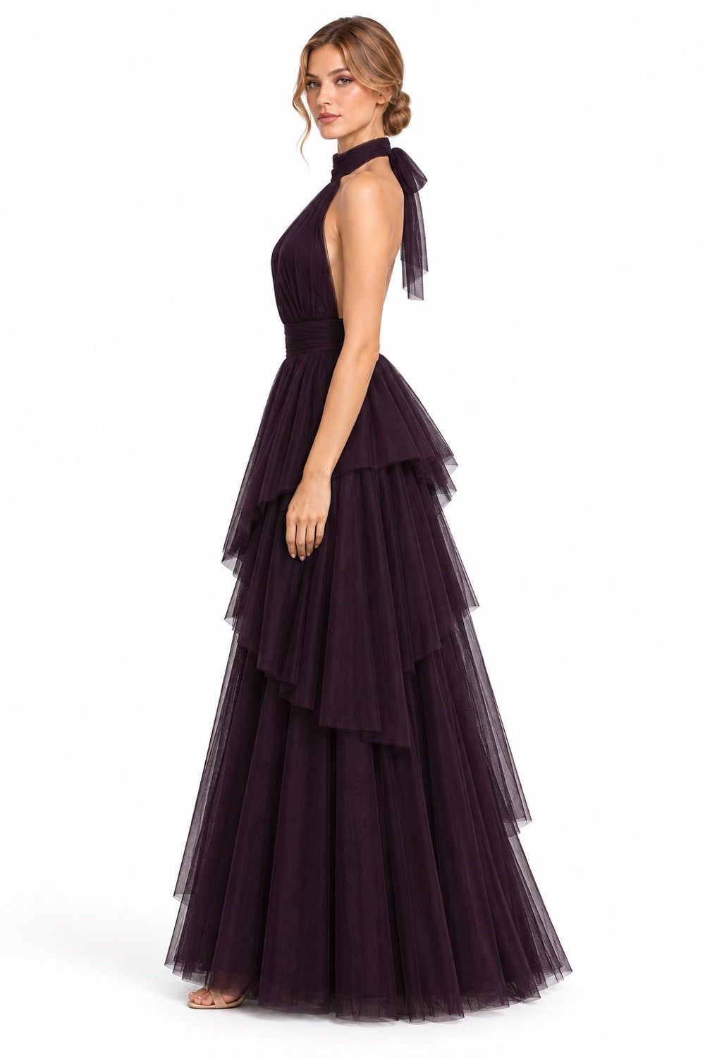 Pink Shop by MAF Vestido largo de tul halter con capas escalonadas berenjena, lateral