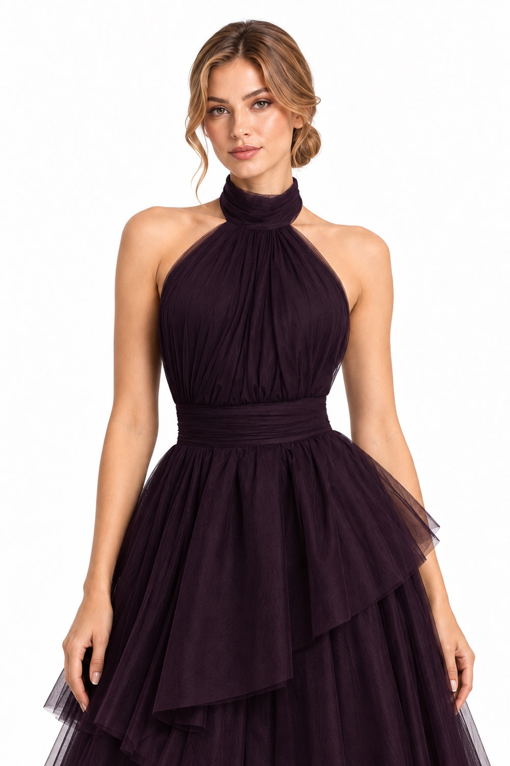 Pink Shop by MAF Vestido largo de tul halter con capas escalonadas berenjena, detalle