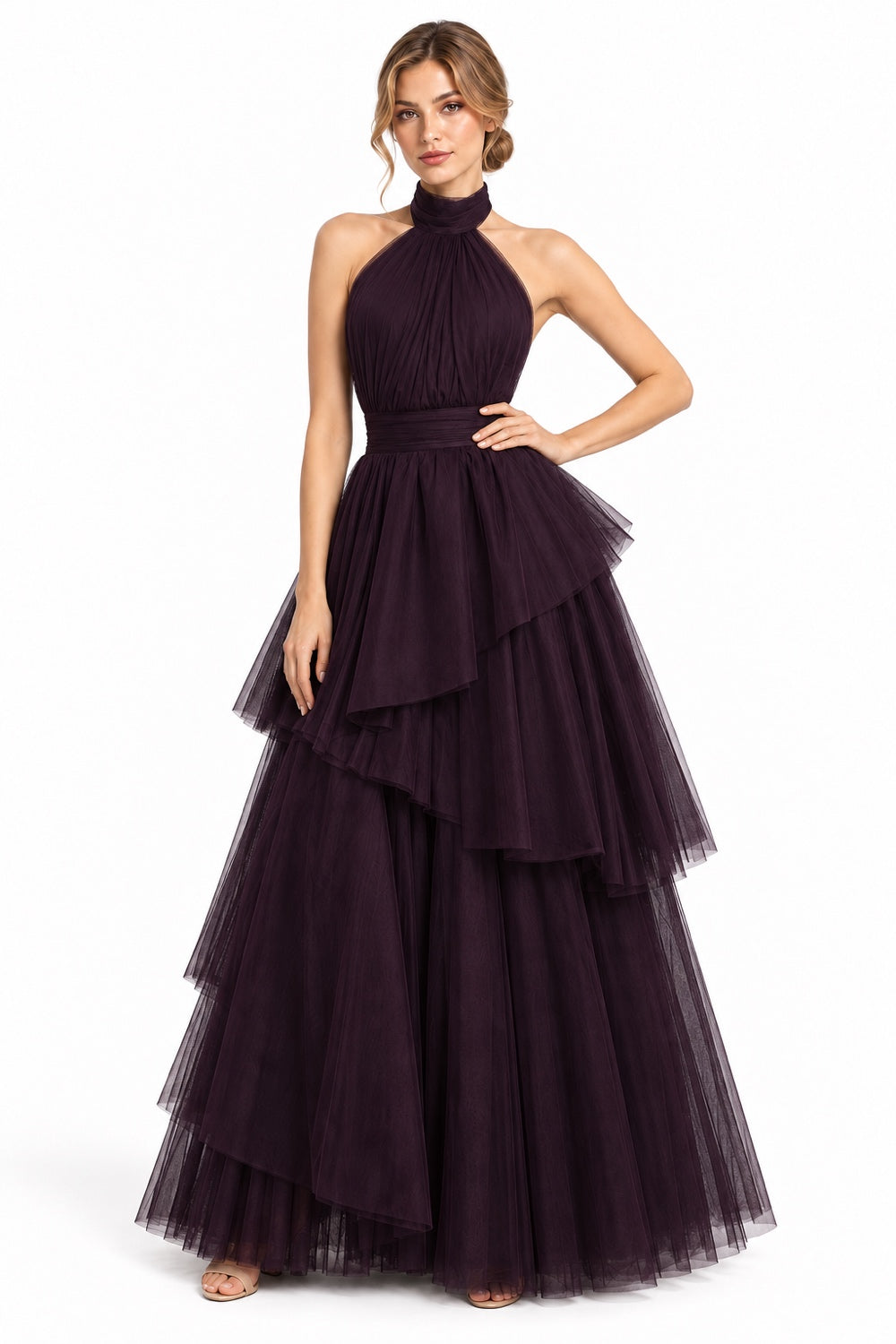 Pink Shop by MAF Vestido largo de tul halter con capas escalonadas berenjena, editorial