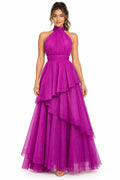 Vestido largo de tul halter con capas escalonadas