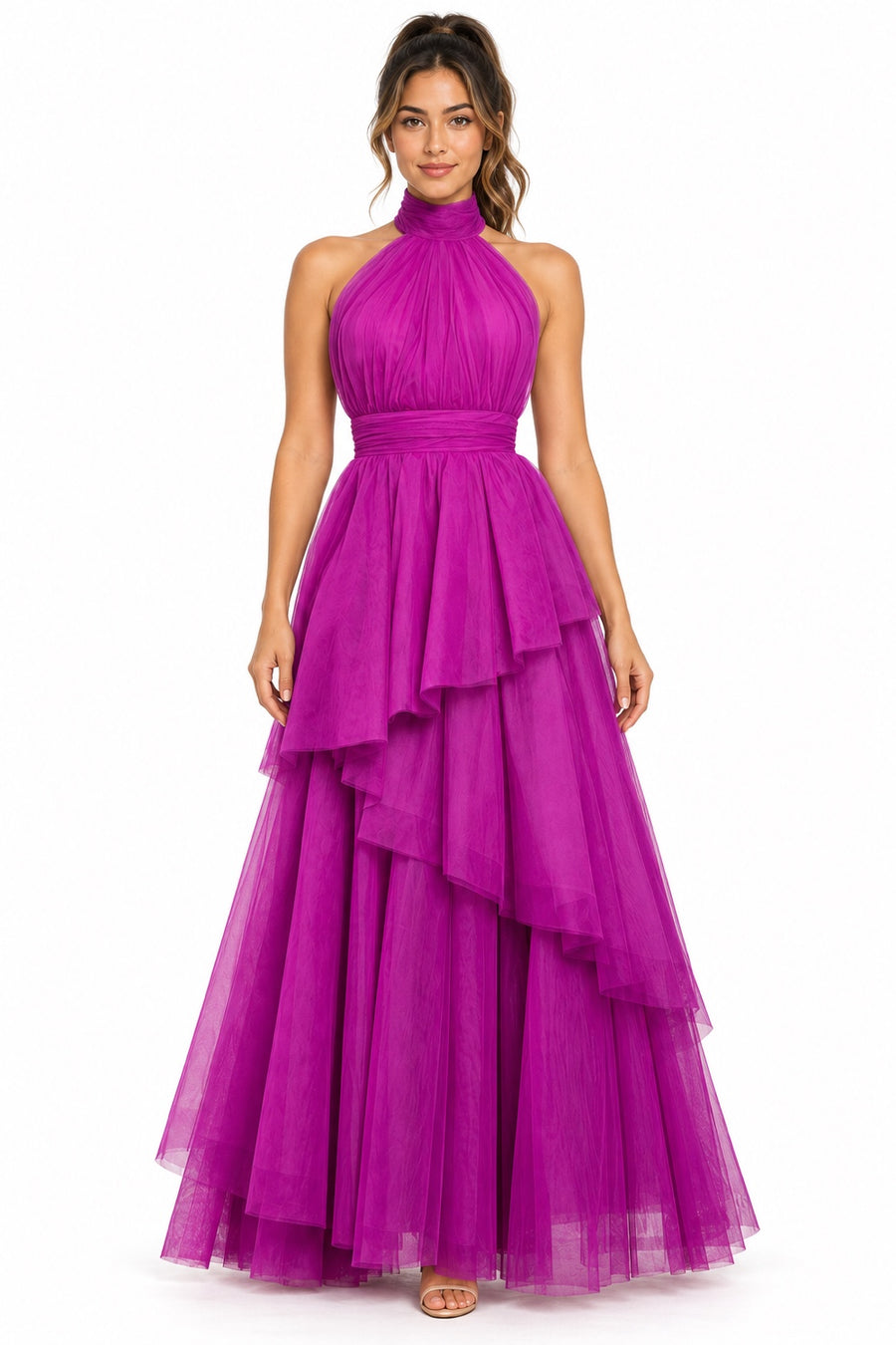 Pink Shop by MAF Vestido largo de tul halter con capas escalonadas bugambilia, portada