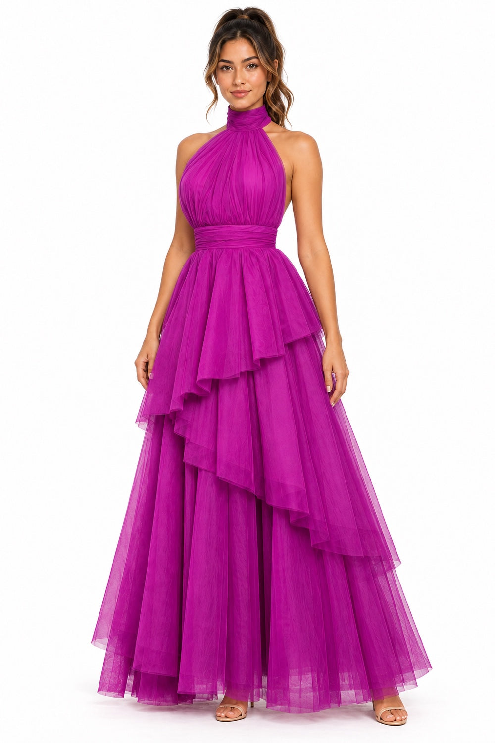 Pink Shop by MAF Vestido largo de tul halter con capas escalonadas bugambilia, tres cuartos