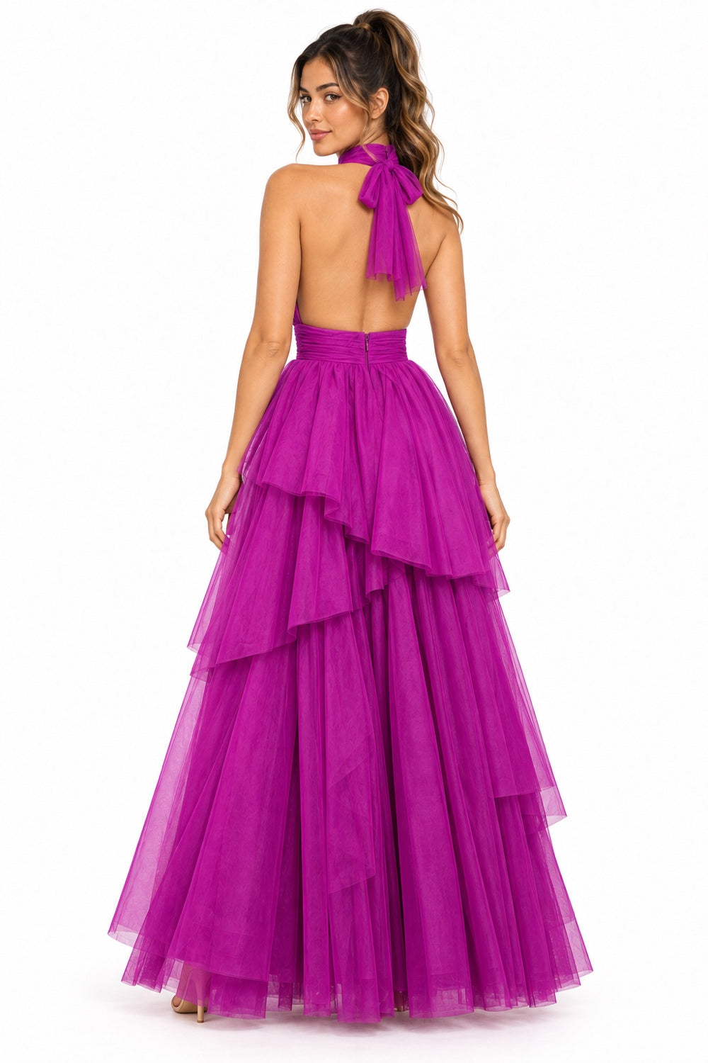 Pink Shop by MAF Vestido largo de tul halter con capas escalonadas bugambilia, espalda