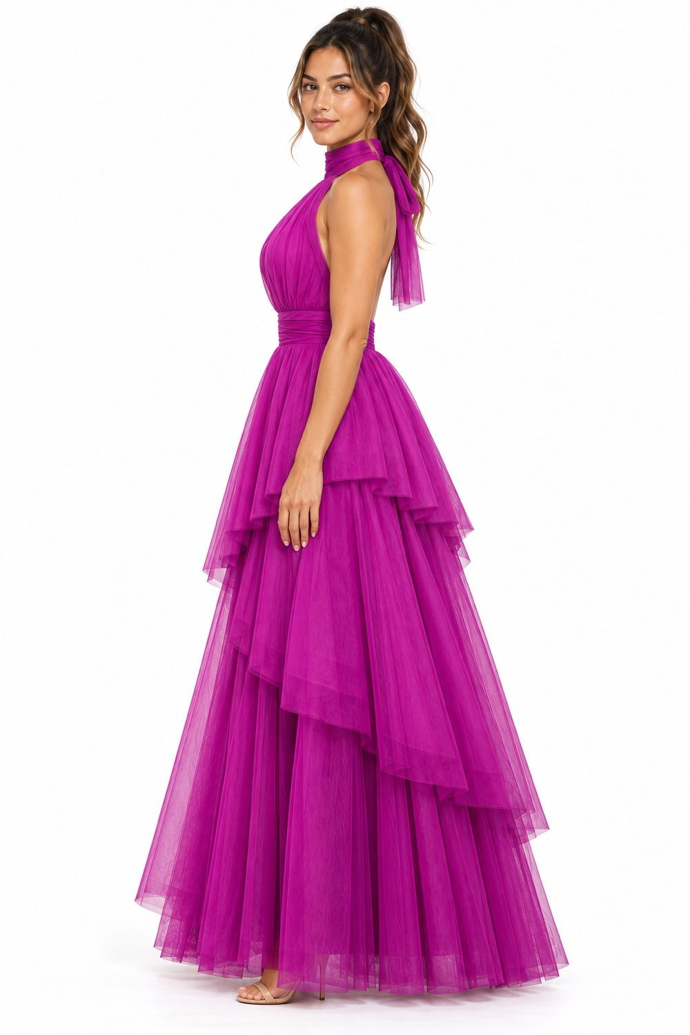 Pink Shop by MAF Vestido largo de tul halter con capas escalonadas bugambilia, lateral