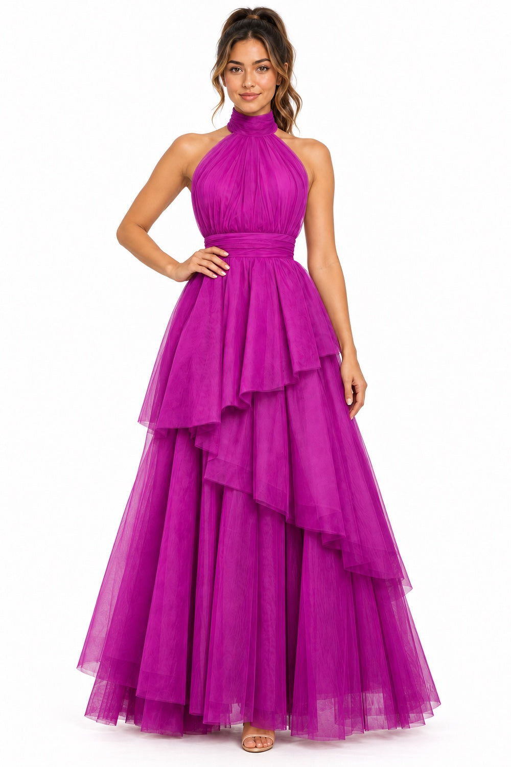 Pink Shop by MAF Vestido largo de tul halter con capas escalonadas bugambilia, editorial