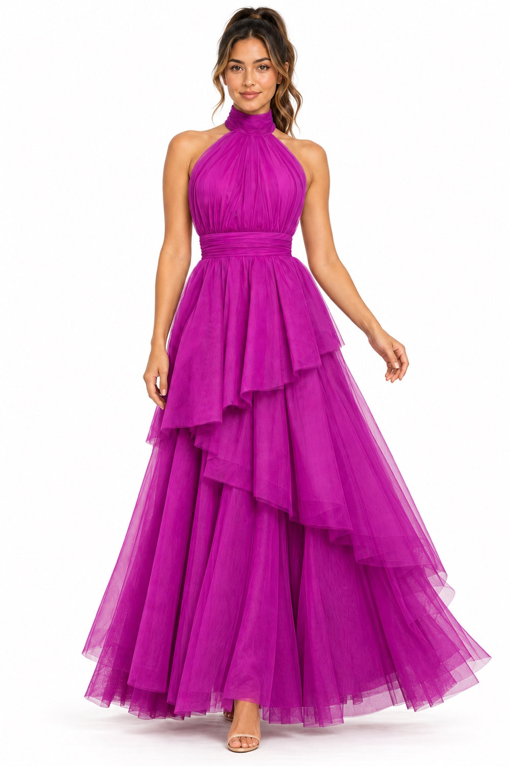 Pink Shop by MAF Vestido largo de tul halter con capas escalonadas bugambilia, movimiento