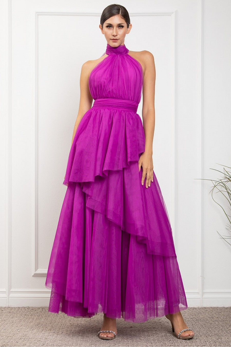 Pink Shop by MAF Vestido largo de tul halter con capas escalonadas bugambilia, vista 8
