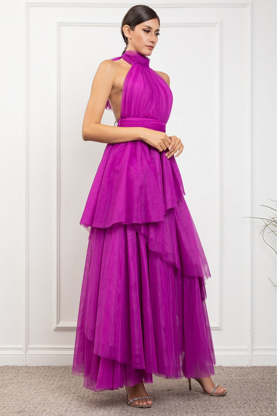Pink Shop by MAF Vestido largo de tul halter con capas escalonadas bugambilia, vista 9