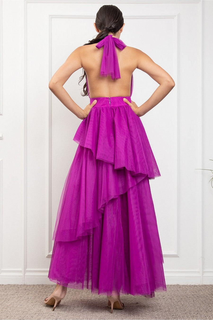Pink Shop by MAF Vestido largo de tul halter con capas escalonadas bugambilia, vista 10