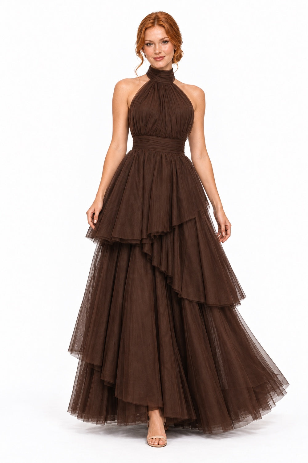 Pink Shop by MAF Vestido largo de tul halter con capas escalonadas café, movimiento