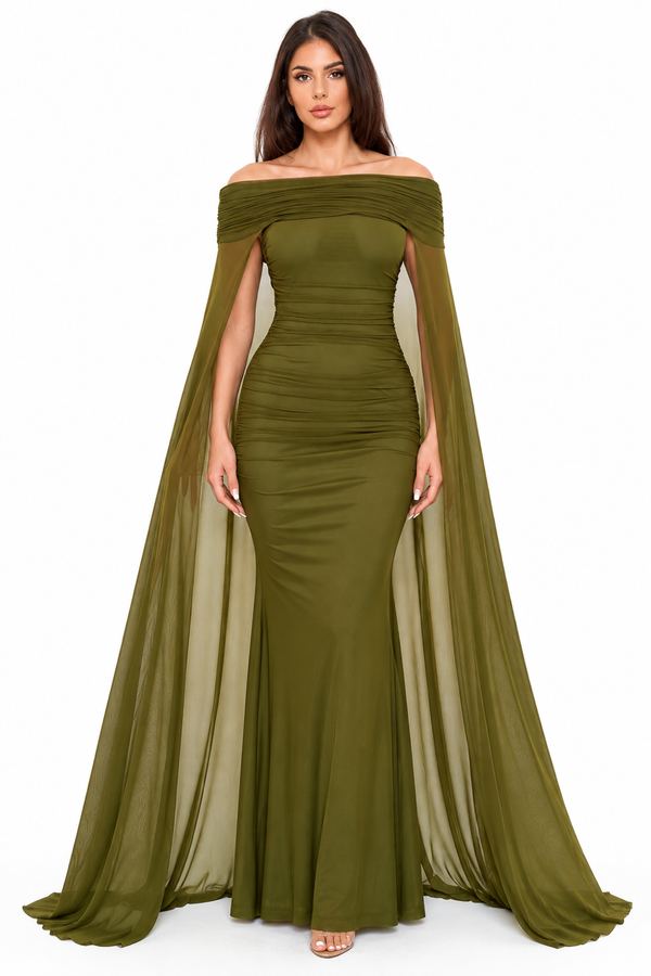 Pink Shop by MAF Vestido largo off shoulder con capa de malla verde olivo, vista 1