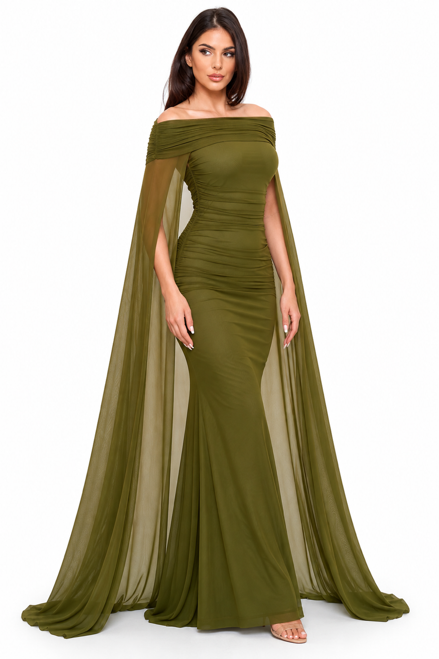 Pink Shop by MAF Vestido largo off shoulder con capa de malla verde olivo, vista 2