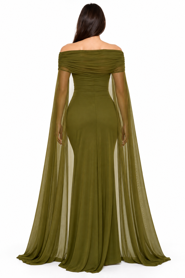 Pink Shop by MAF Vestido largo off shoulder con capa de malla verde olivo, vista 3