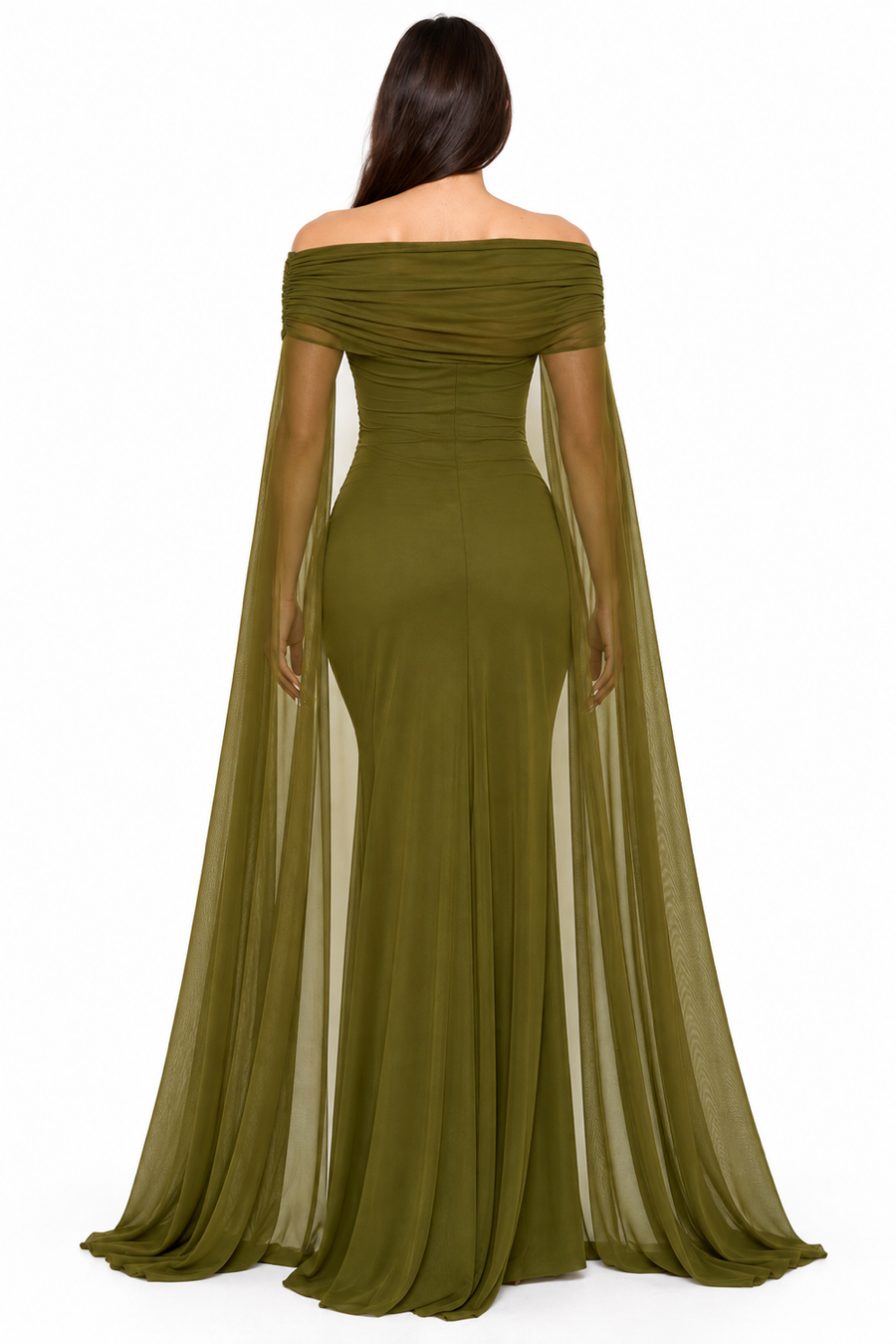 Pink Shop by MAF Vestido largo off shoulder con capa de malla verde olivo, vista 3