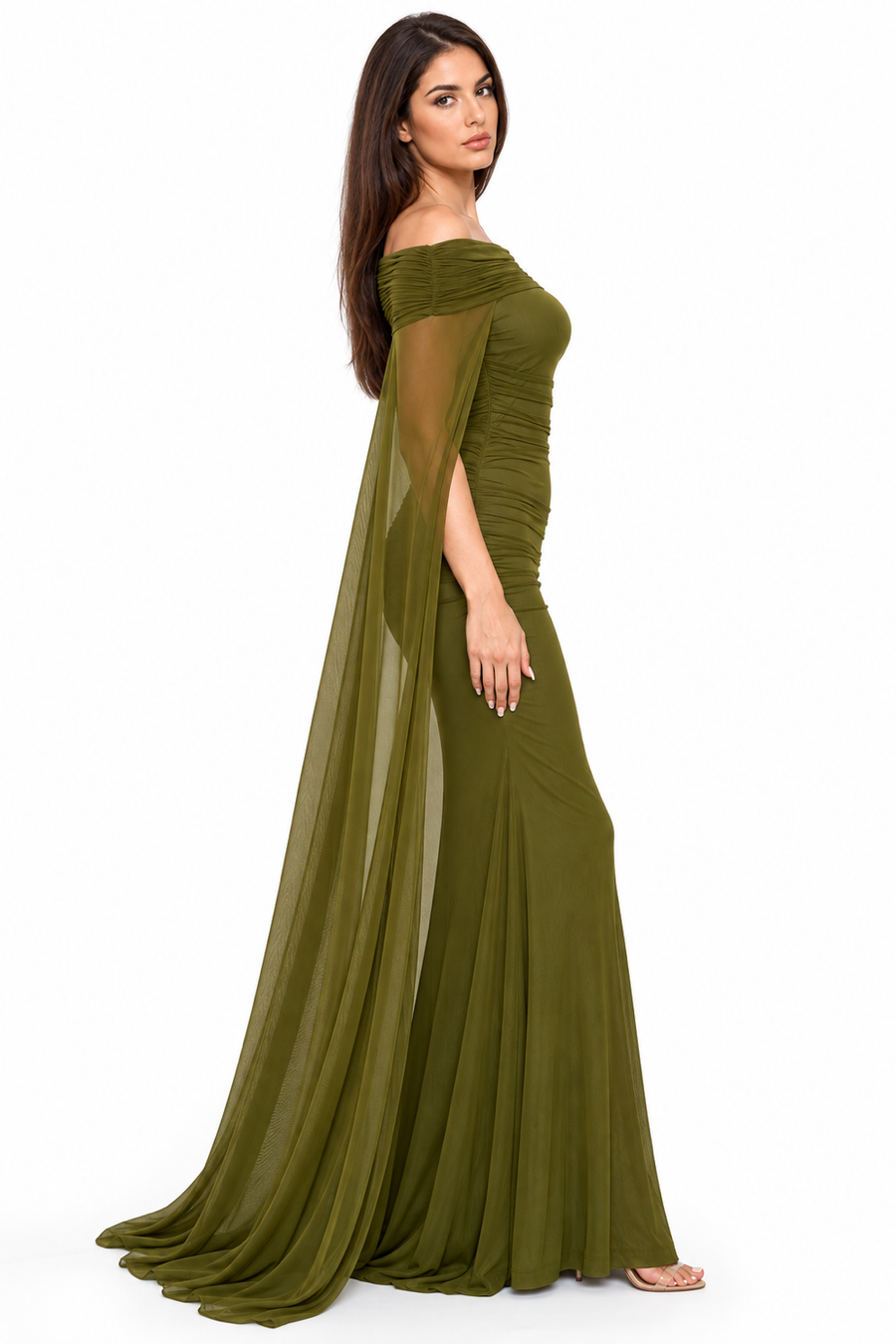Pink Shop by MAF Vestido largo off shoulder con capa de malla verde olivo, vista 4