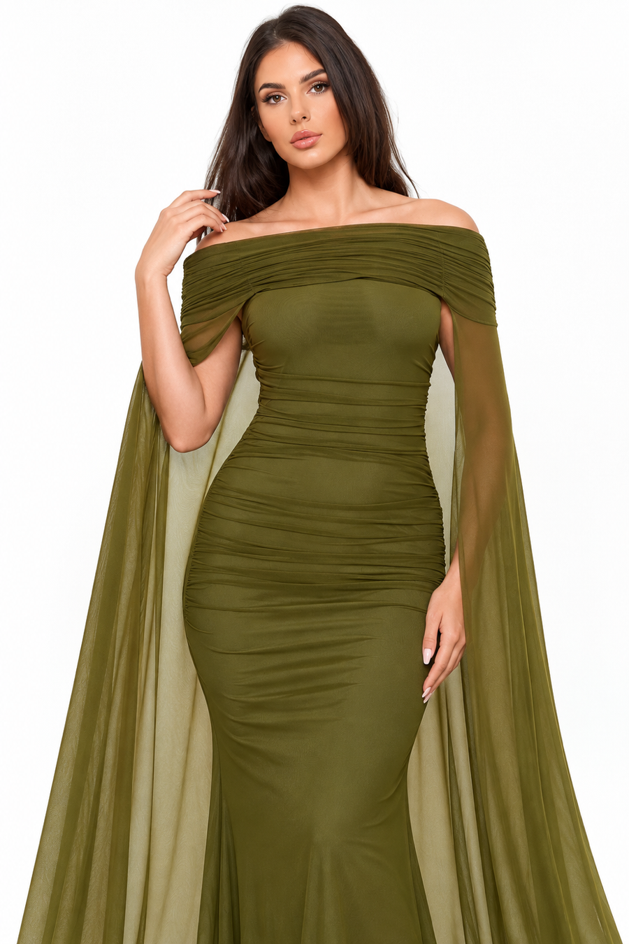 Pink Shop by MAF Vestido largo off shoulder con capa de malla verde olivo, vista 5