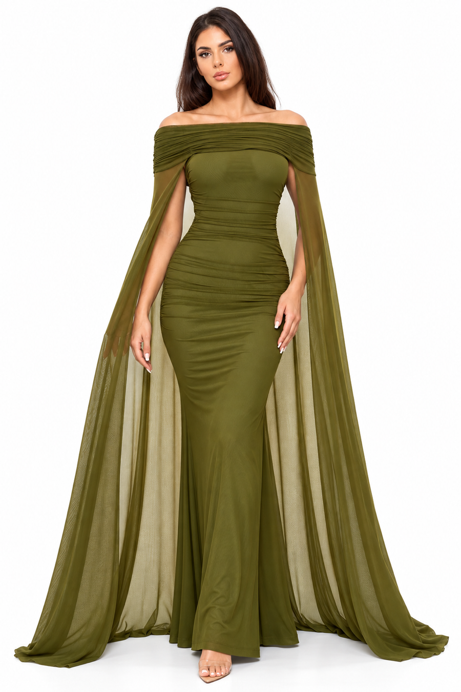 Pink Shop by MAF Vestido largo off shoulder con capa de malla verde olivo, vista 6