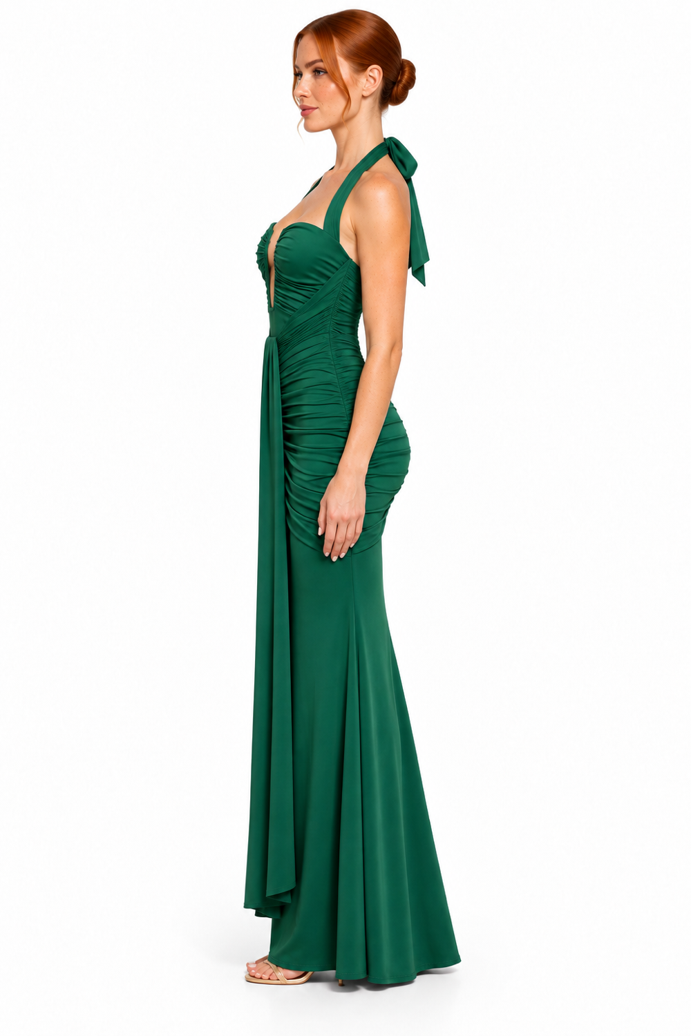 Pink Shop by MAF Vestido largo halter de punto con escote profundo verde hunter, lateral