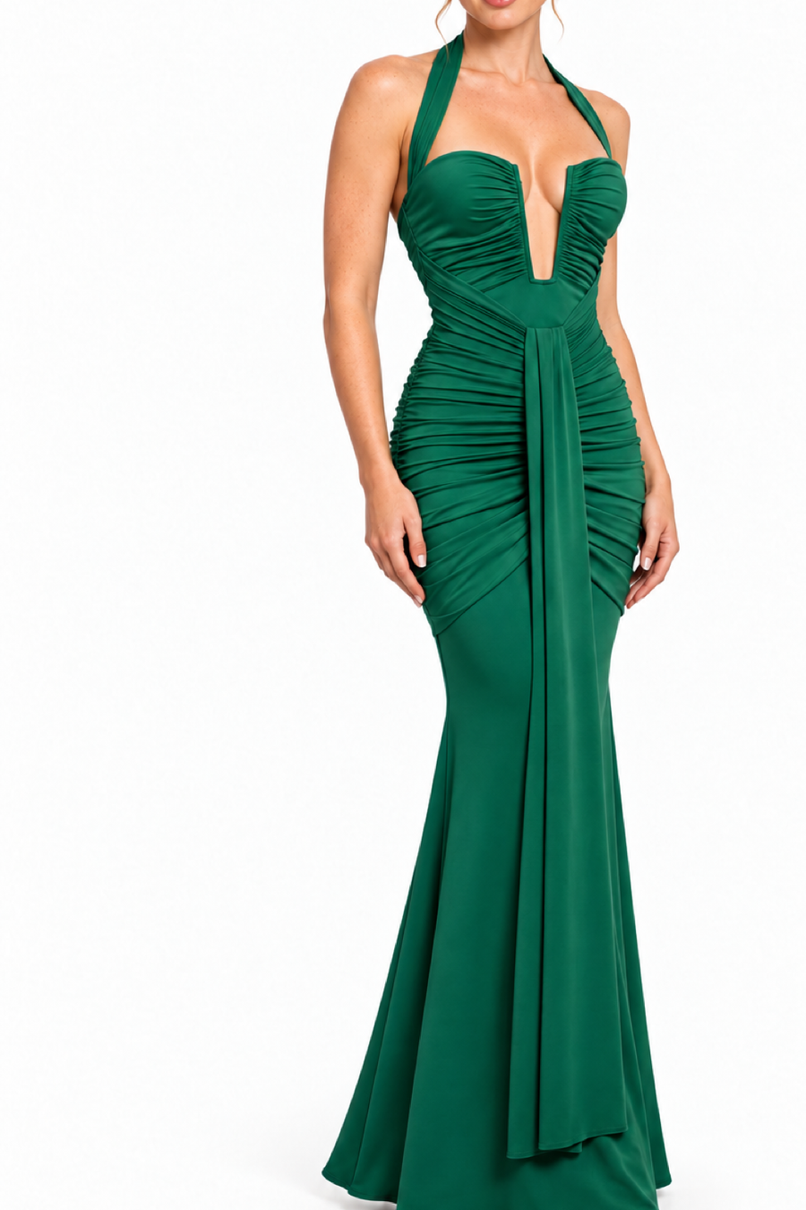 Pink Shop by MAF Vestido largo halter de punto con escote profundo verde hunter, detalle