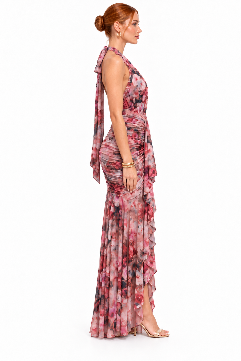 Pink Shop by MAF Vestido largo de malla floral con olán en cascada floral vino, lateral