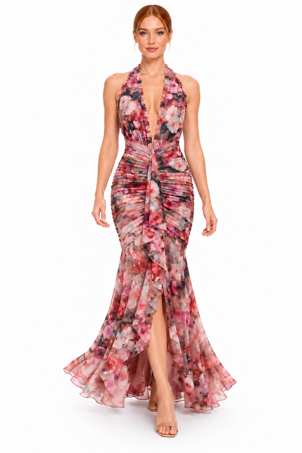 Pink Shop by MAF Vestido largo de malla floral con olán en cascada floral vino, movimiento
