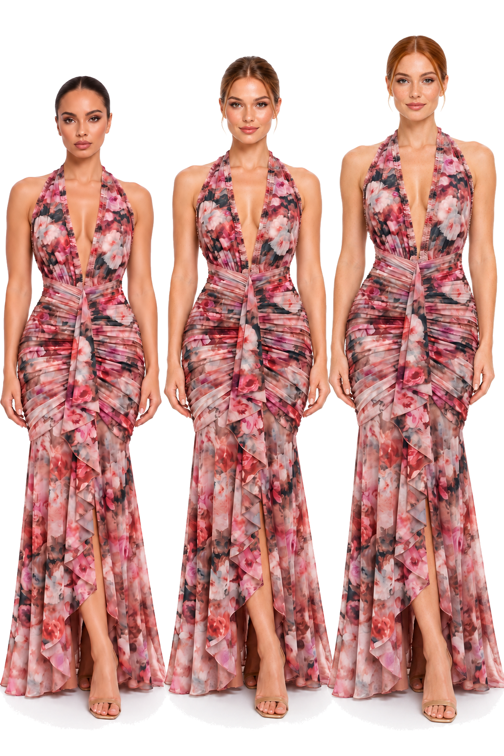 Pink Shop by MAF Vestido largo de malla floral con olán en cascada floral vino, vista 7