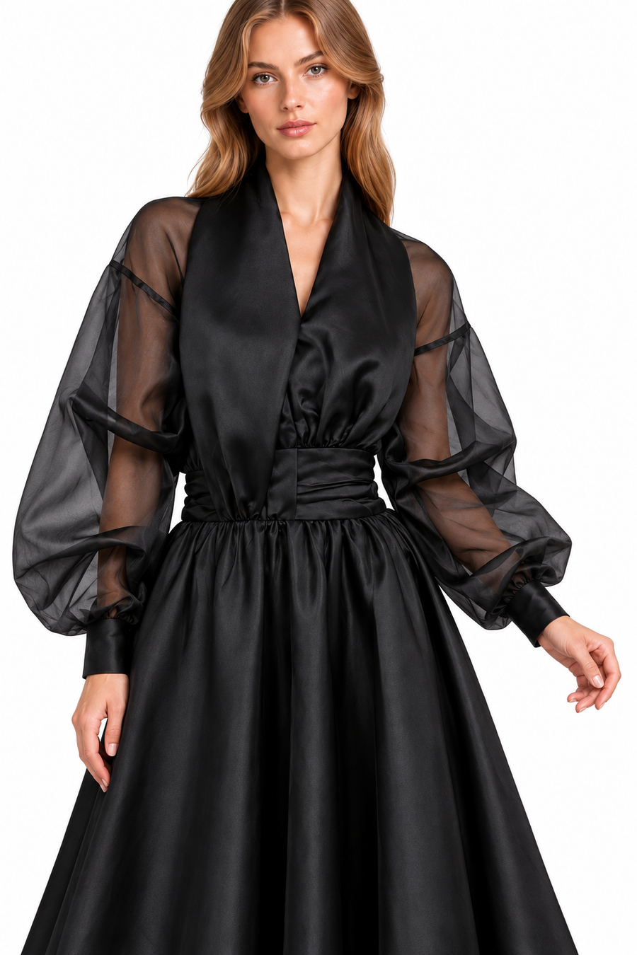 Pink Shop by MAF Vestido midi con cuello envolvente y manga abullonada negro, detalle