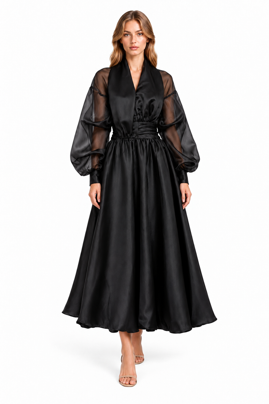 Pink Shop by MAF Vestido midi con cuello envolvente y manga abullonada negro, editorial