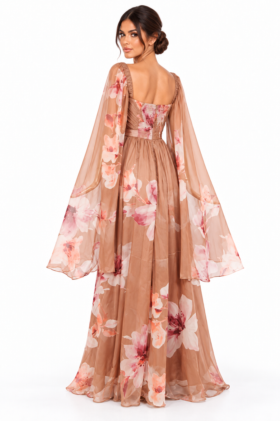 Pink Shop by MAF Vestido largo estampado con manga larga colgante moca, espalda