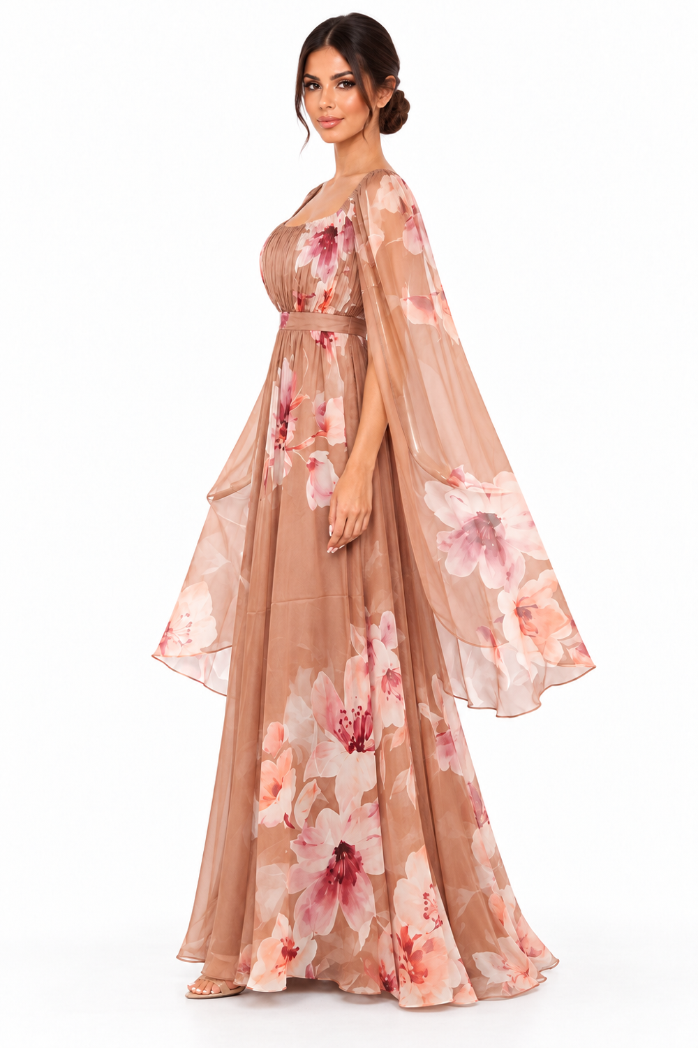 Pink Shop by MAF Vestido largo estampado con manga larga colgante moca, lateral