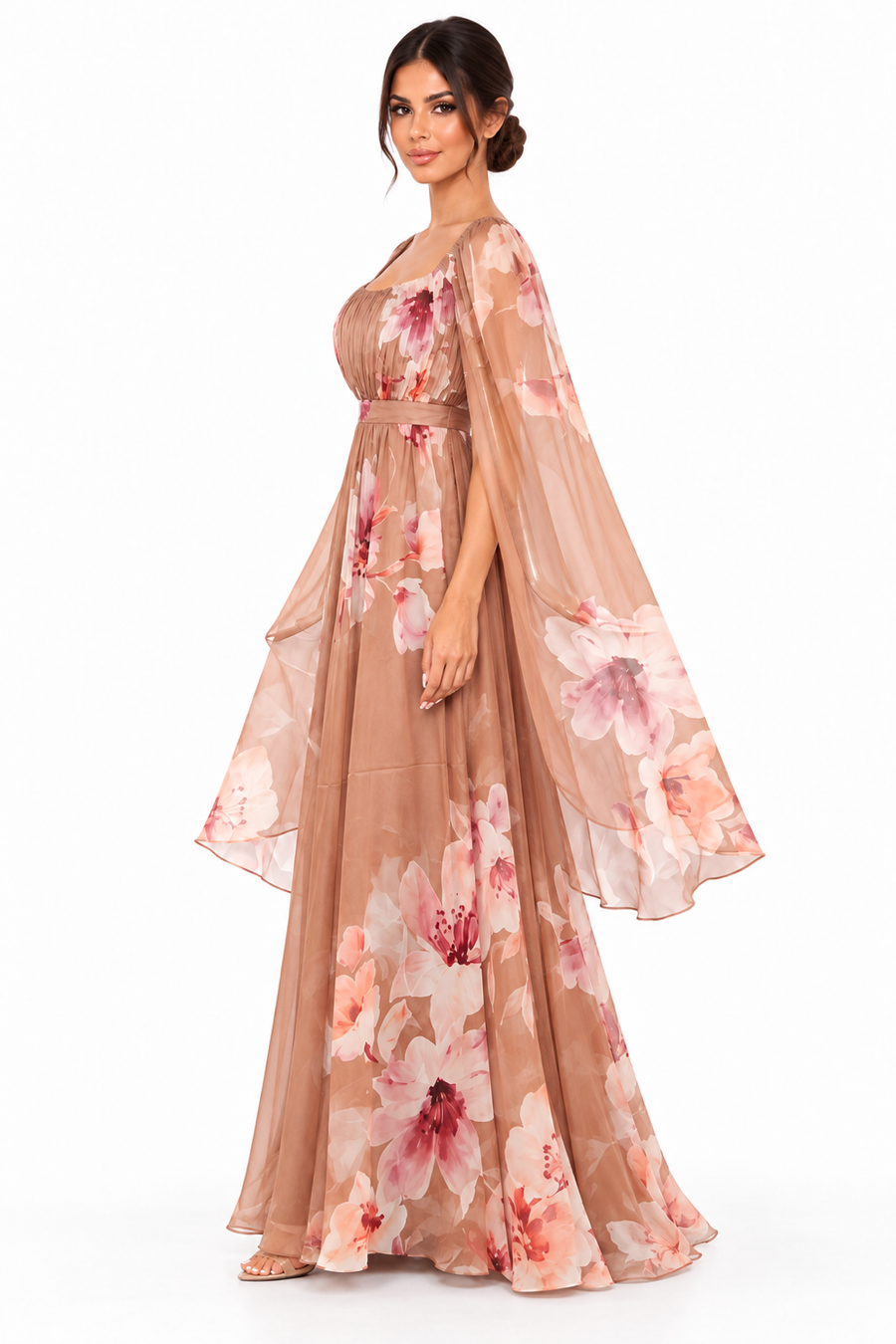 Pink Shop by MAF Vestido largo estampado con manga larga colgante moca, lateral
