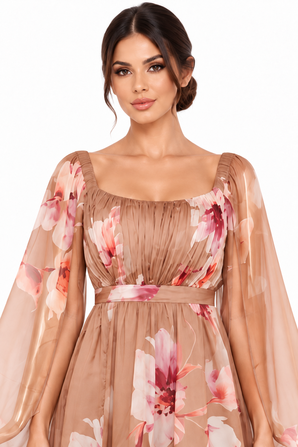 Pink Shop by MAF Vestido largo estampado con manga larga colgante moca, detalle