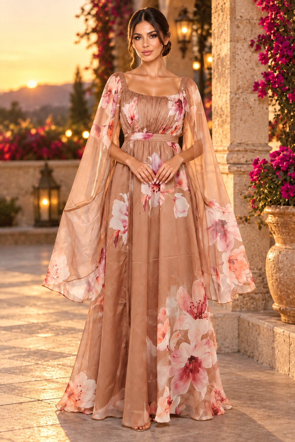 Pink Shop by MAF Vestido largo estampado con manga larga colgante moca, editorial