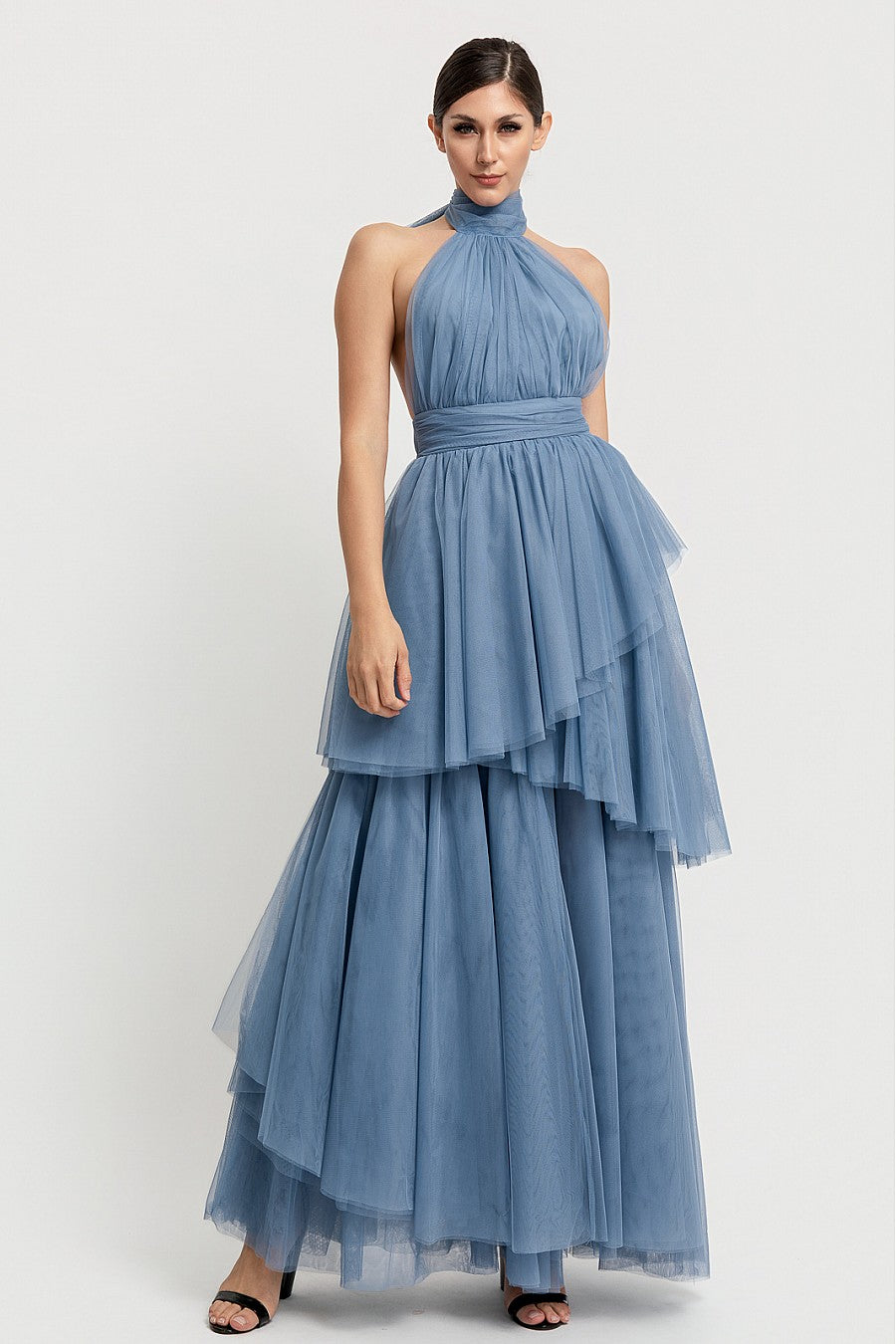 Pink Shop by MAF Vestido largo de tul halter con capas escalonadas azul polvo, portada