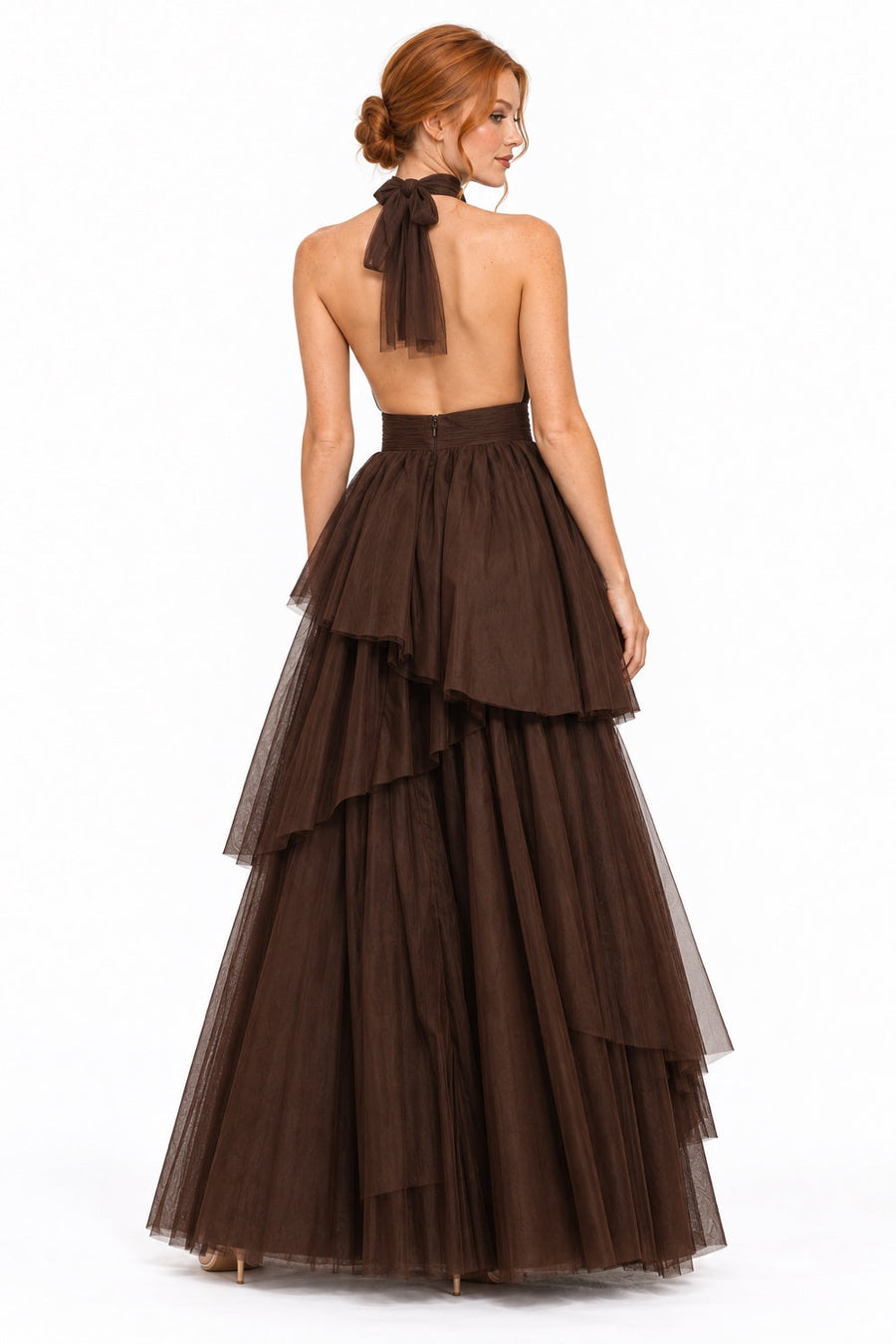 Pink Shop by MAF Vestido largo de tul halter con capas escalonadas café toffee, vista 3
